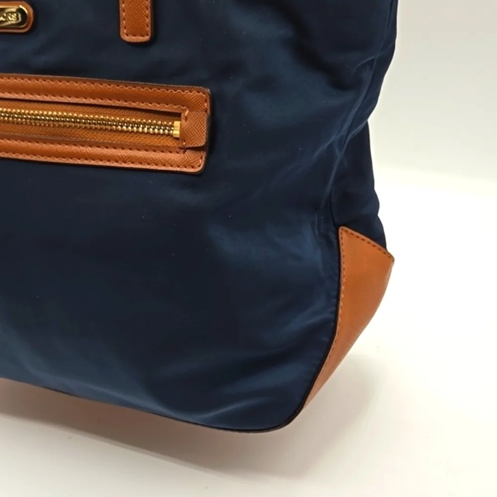 MICHAEL KORS Medium Nylon Tote Navy w/ Cognac Straps Gold MK 🔐 - Picture 4 of 11